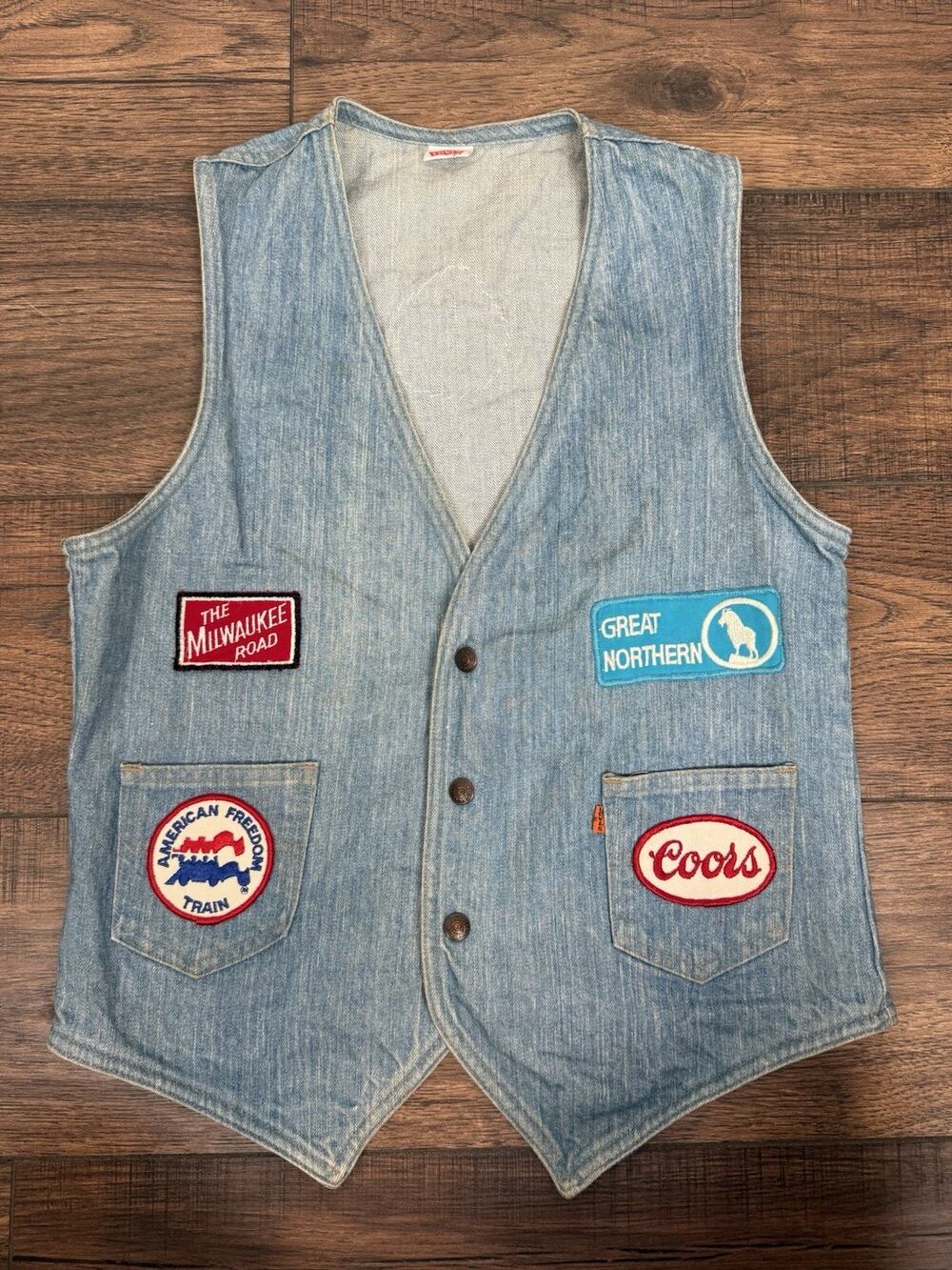 Vintage Levi's Orange Tab Medium Denim Jean Vest 70s 80’s Western Biker Patches
